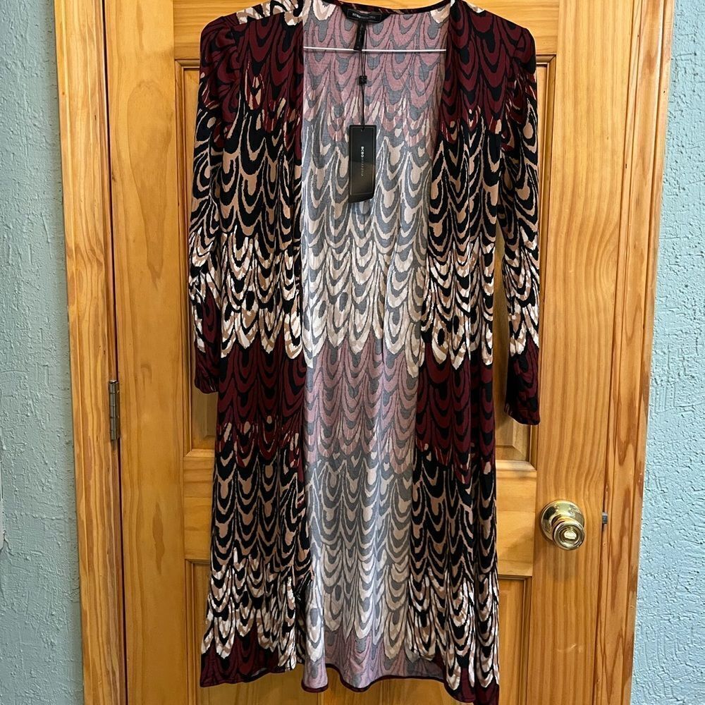 BCBG (NWT) burgundy and tan printed cardigan